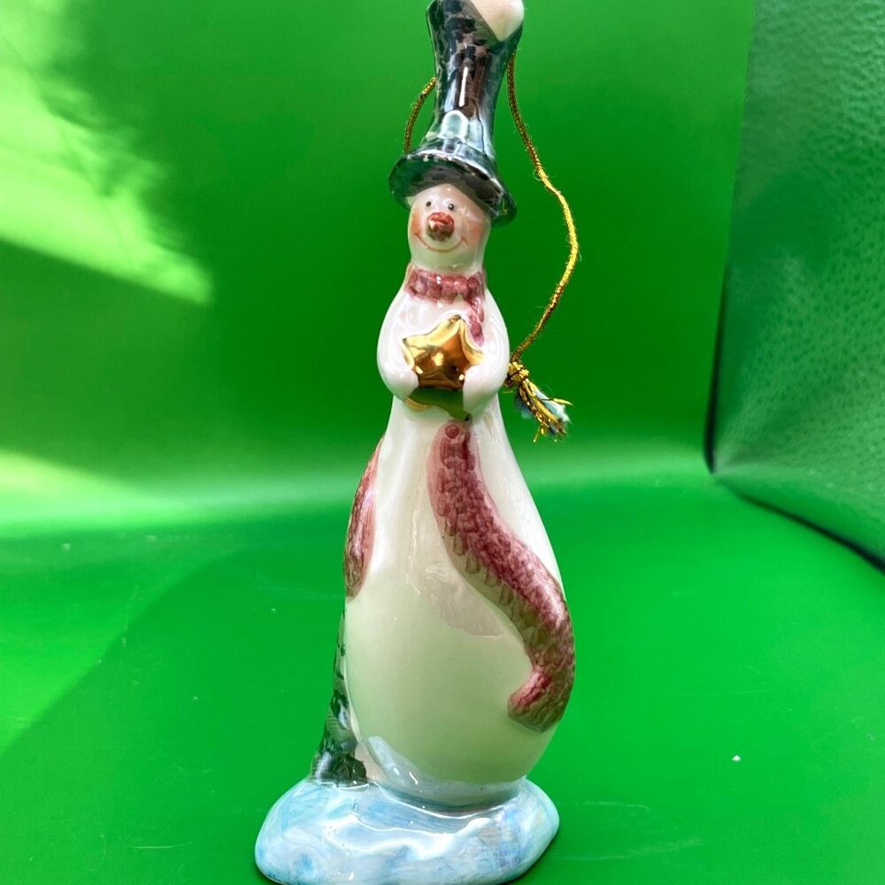 Porcelain Snowman Ornament Hand Painted Vintage Holiday Top Hat Star Christmas